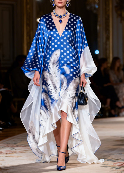 Beautiful Colorblock V Neck Print Ruffled Silk Maxi Dresses Summer