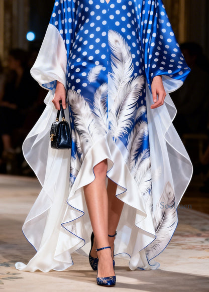 Beautiful Colorblock V Neck Print Ruffled Silk Maxi Dresses Summer