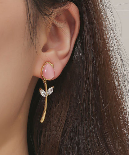 Beautiful Copper Overgild Cat's Eye Stone Tulip Drop Earrings