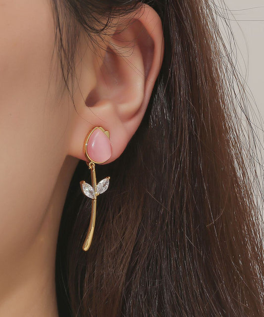 Beautiful Copper Overgild Cat's Eye Stone Tulip Drop Earrings