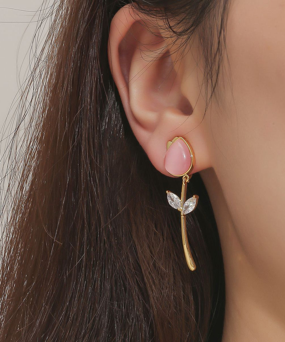 Beautiful Copper Overgild Cat's Eye Stone Tulip Drop Earrings