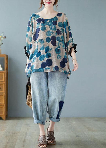 Beautiful Cotton Linen Gray Dotted Top Batwing Sleeve - SooLinen