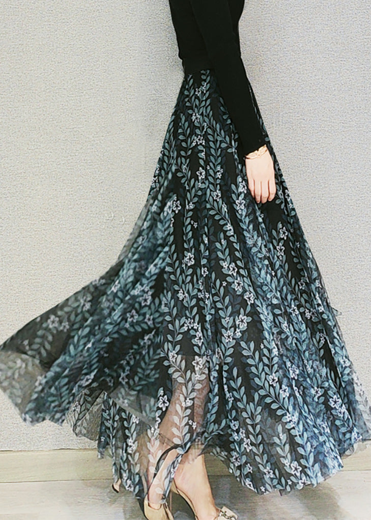 Schöne Matt Grün Print Elastische Taille Tüll Maxi Röcke Frühling