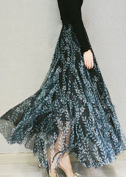 Schöne Matt Grün Print Elastische Taille Tüll Maxi Röcke Frühling