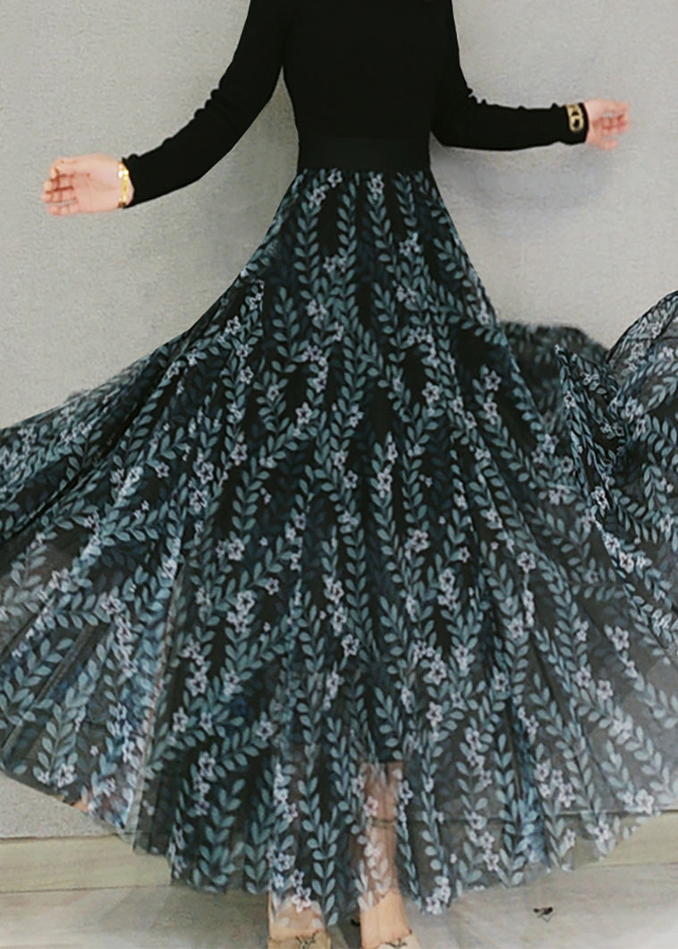 Schöne Matt Grün Print Elastische Taille Tüll Maxi Röcke Frühling