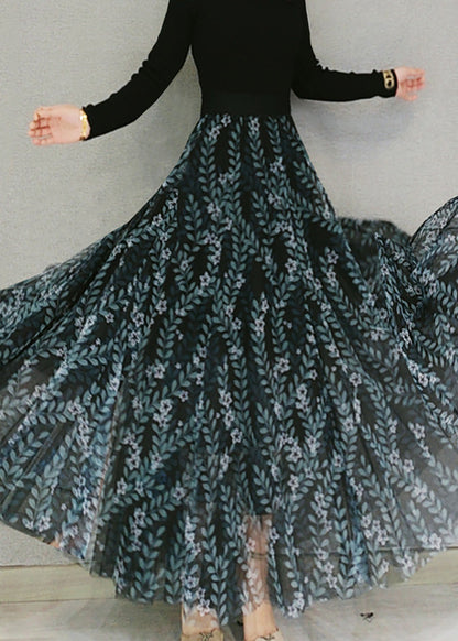 Schöne Matt Grün Print Elastische Taille Tüll Maxi Röcke Frühling