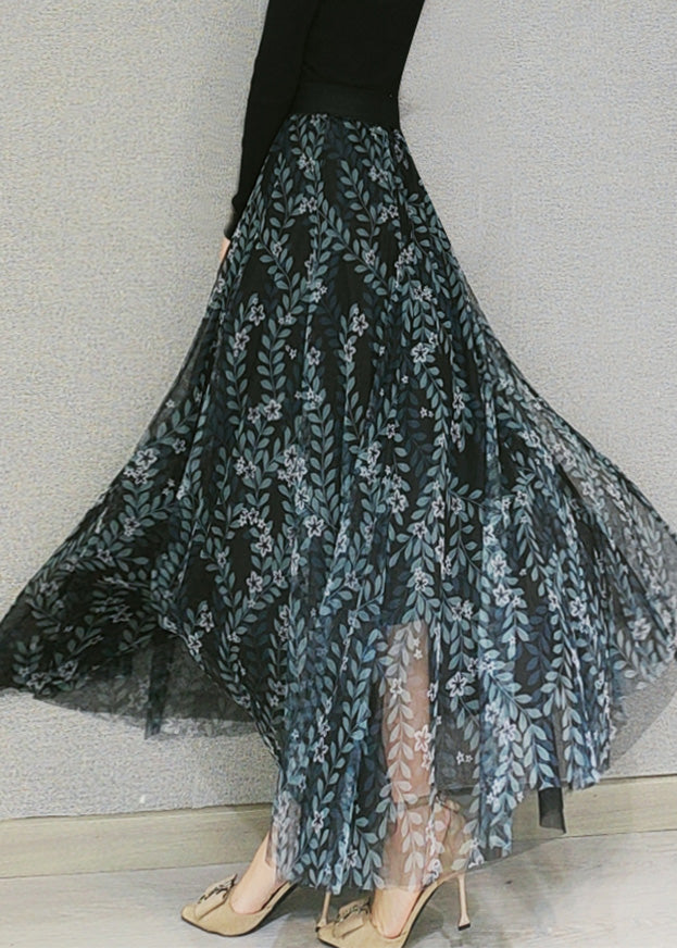 Schöne Matt Grün Print Elastische Taille Tüll Maxi Röcke Frühling