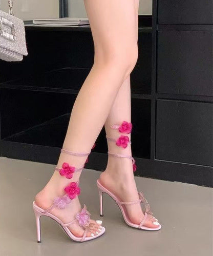 Beautiful Floral Splicing High Heel Sandals Pink Faux Leather