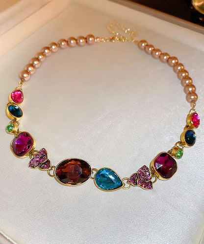 Wunderschöne Halskette mit floralem Halsband aus goldenem Achat, Perlen und Zirkonia