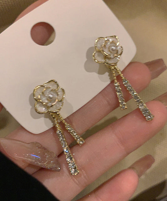 Hermosos aretes colgantes con borlas florales de perlas y circonitas de aleación de oro