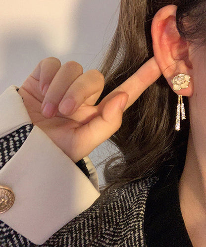 Hermosos aretes colgantes con borlas florales de perlas y circonitas de aleación de oro