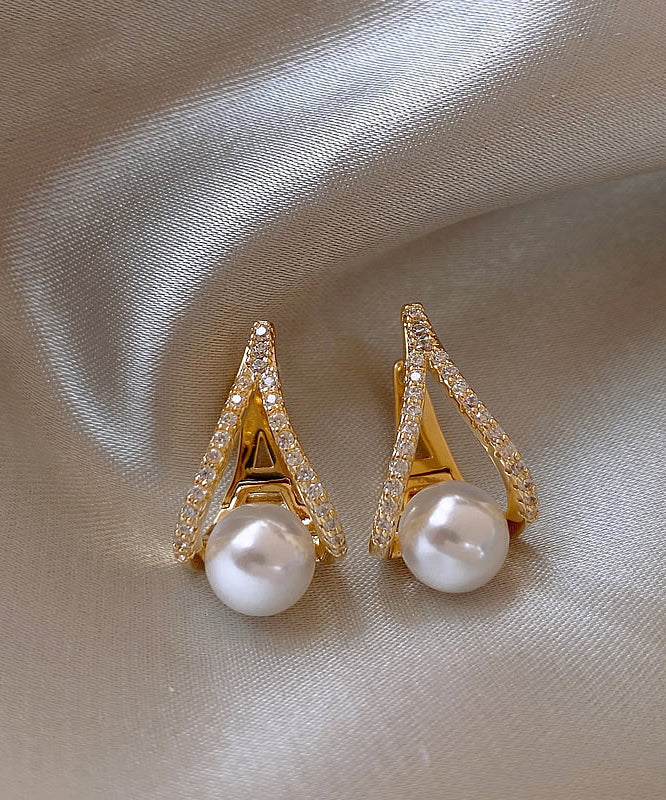 Hermosos aretes de perla y circonita de aleación de plata esterlina y oro
