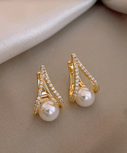 Hermosos aretes de perla y circonita de aleación de plata esterlina y oro