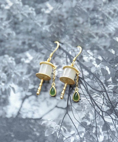 Hermosos aretes colgantes con borlas de jade dorado y plata esterlina