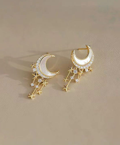 Hermosos aretes colgantes de luna y estrella con circonitas doradas en plata esterlina