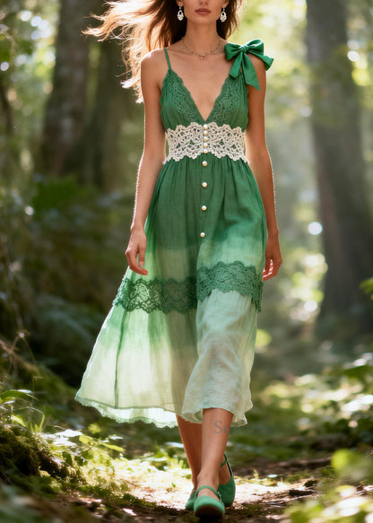 Beautiful Gradient Green Lace Patchwork Bow Cotton Long Dresses Summer