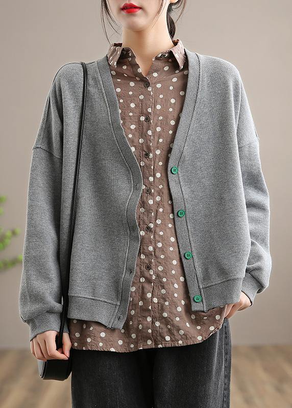 Beautiful Gray Fashion Clothes Pattern V Neck Button Down Spring outwears - SooLinen