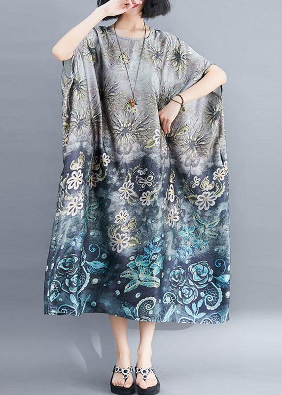 Beautiful Gray Print Long O Neck Baggy  Summer Dress - SooLinen