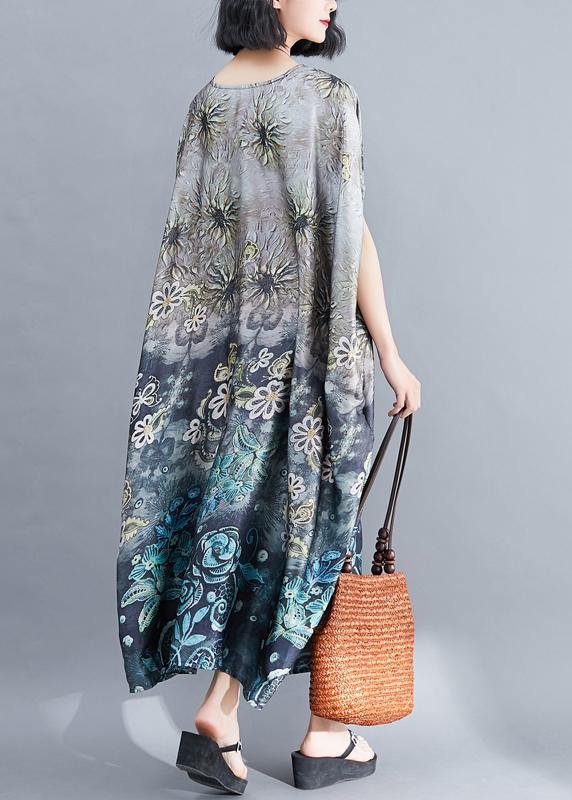 Beautiful Gray Print Long O Neck Baggy  Summer Dress - SooLinen