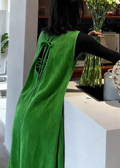 Beautiful Green Backless Corduroy Long Dresses Sleeveless