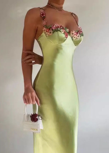 Beautiful Green Backless Floral Silk Spaghetti Strap Dress Summer