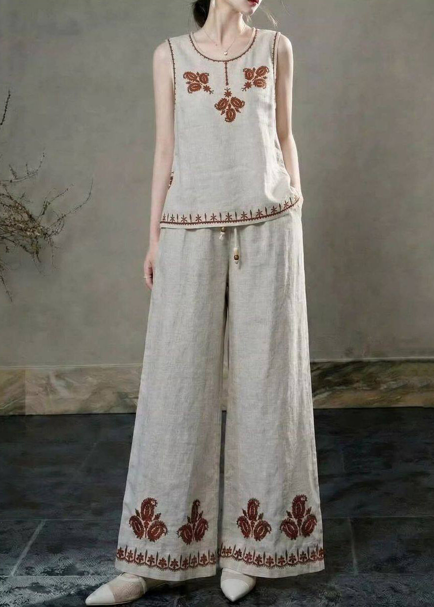 Beautiful Green Embroidered Linen Two Pieces Set Sleeveless