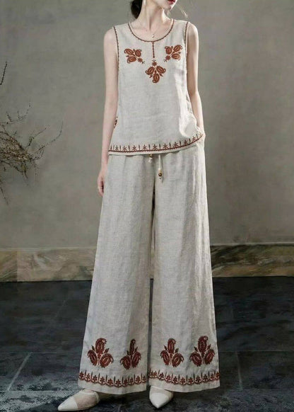 Beautiful Green Embroidered Linen Two Pieces Set Sleeveless