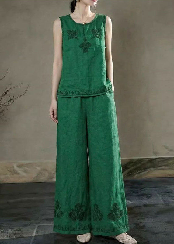 Beautiful Green Embroidered Linen Two Pieces Set Sleeveless