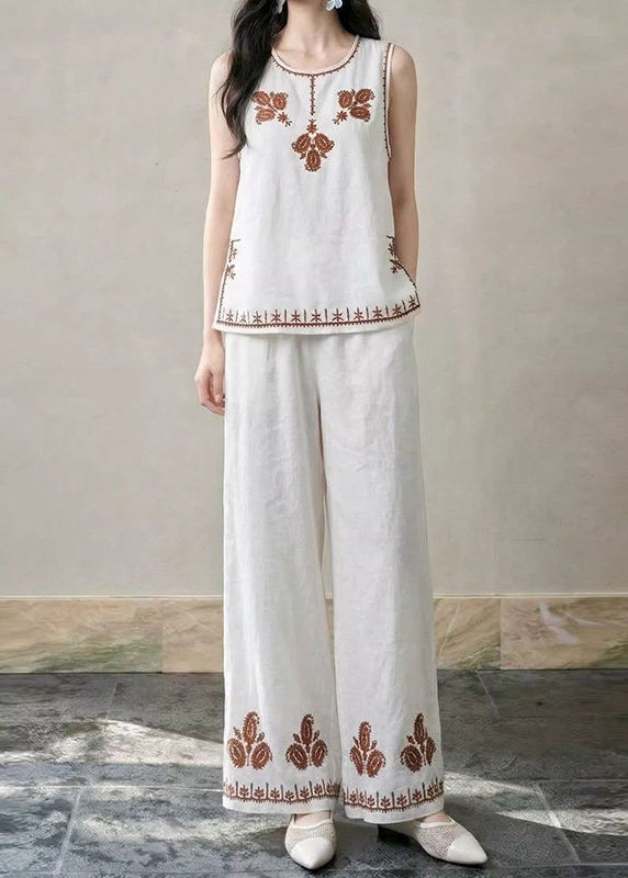 Beautiful Green Embroidered Linen Two Pieces Set Sleeveless
