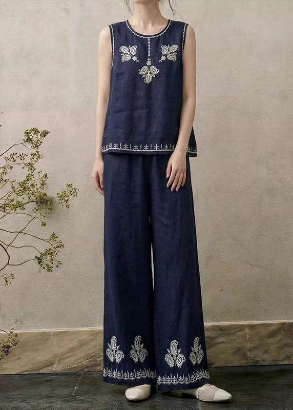 Beautiful Green Embroidered Linen Two Pieces Set Sleeveless