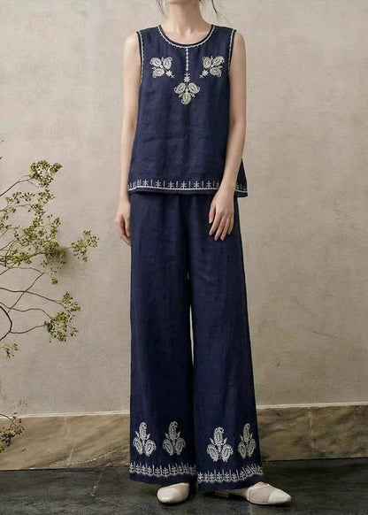 Beautiful Green Embroidered Linen Two Pieces Set Sleeveless