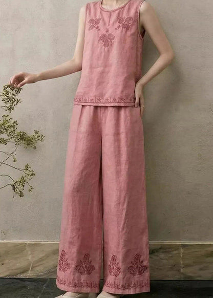 Beautiful Green Embroidered Linen Two Pieces Set Sleeveless