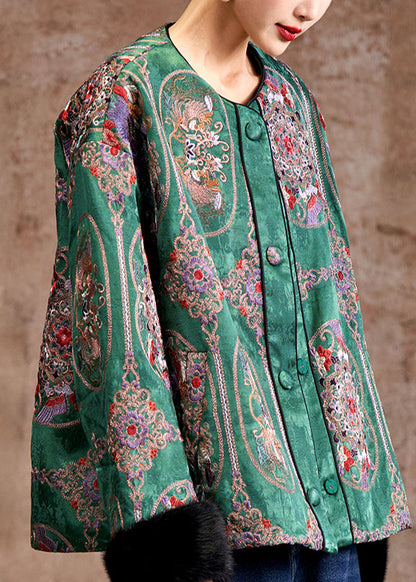 Wunderschöner grüner Wintermantel aus besticktem Patchwork-Nerzfell mit feiner Baumwollfüllung