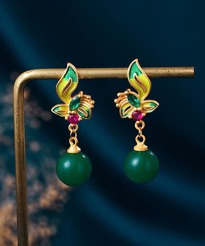 Wunderschöne grüne florale Achat-Cloisonne-Tropfenohrringe