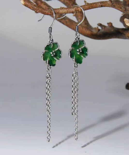 Beautiful Green Floral Tassel Patchwork Silver Drop Earrings
