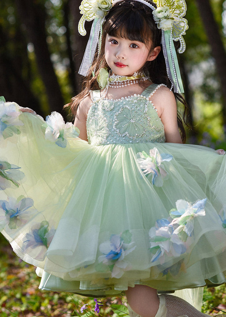 Beautiful Green Nail Bead Patchwork Tulle Girls Long Spaghetti Strap Dress Summer