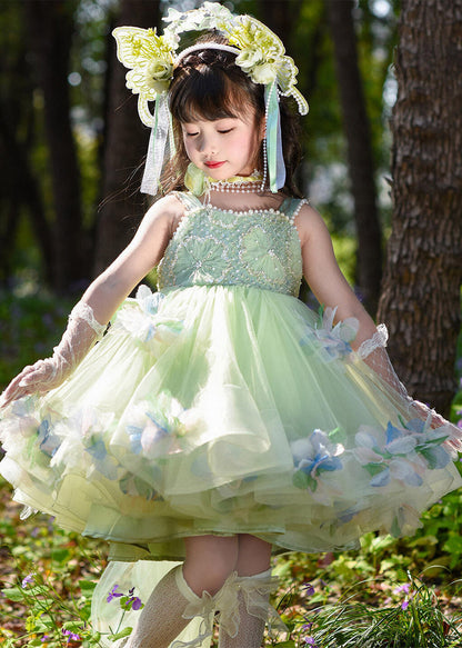 Beautiful Green Nail Bead Patchwork Tulle Girls Long Spaghetti Strap Dress Summer