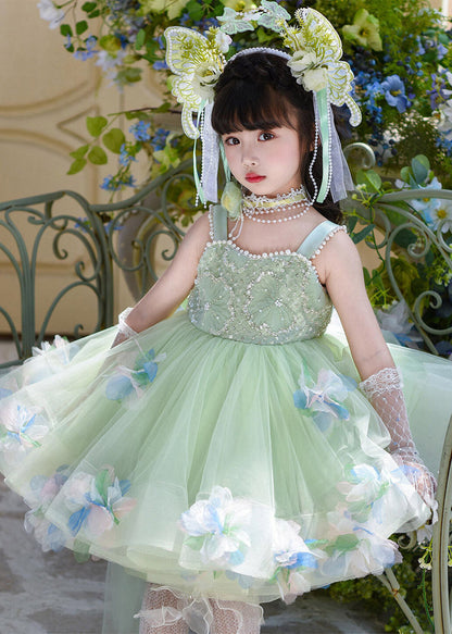 Beautiful Green Nail Bead Patchwork Tulle Girls Long Spaghetti Strap Dress Summer
