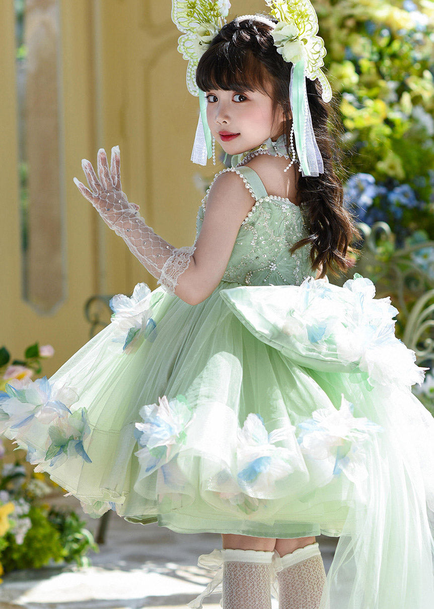 Beautiful Green Nail Bead Patchwork Tulle Girls Long Spaghetti Strap Dress Summer