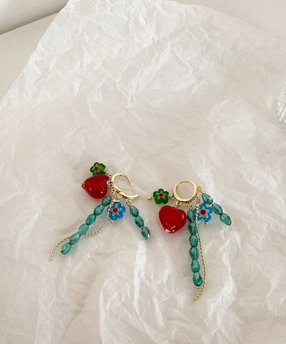 Beautiful Green Overgild Crystal Glass Floral Tassel Love Drop Earrings