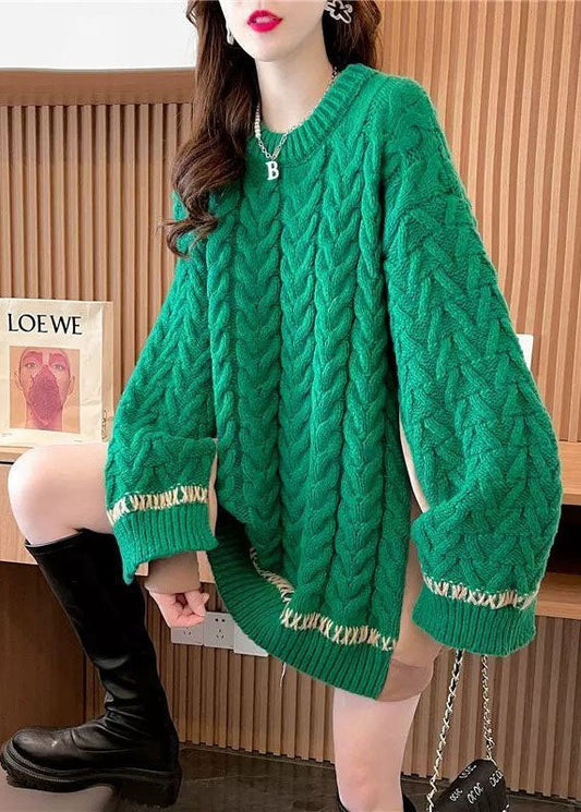 Wunderschöner grüner Oversized Patchwork Gemütlicher Zopfmuster Langer Pullover Winter