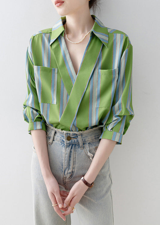 Beautiful Green Peter Pan Collar Striped Cotton Shirt Top Half Sleeve