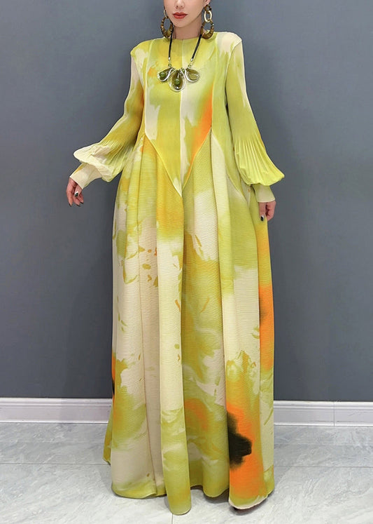 Beautiful Green Print Wrinkled Cotton Maxi Dresses Puff Sleeve