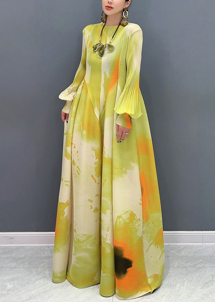 Beautiful Green Print Wrinkled Cotton Maxi Dresses Puff Sleeve