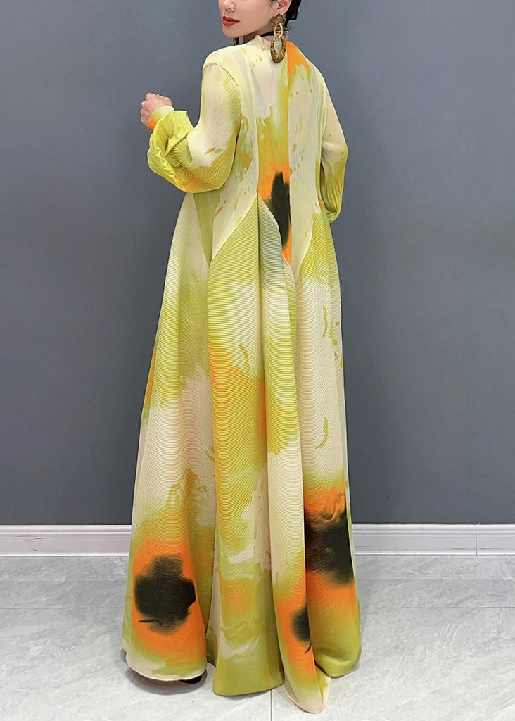 Beautiful Green Print Wrinkled Cotton Maxi Dresses Puff Sleeve
