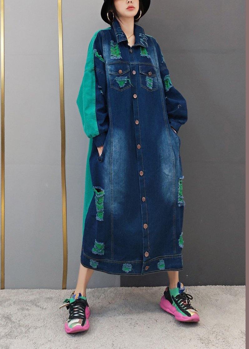 Beautiful Green Quilting Clothes Lapel Hole Maxi Spring Dresses - SooLinen