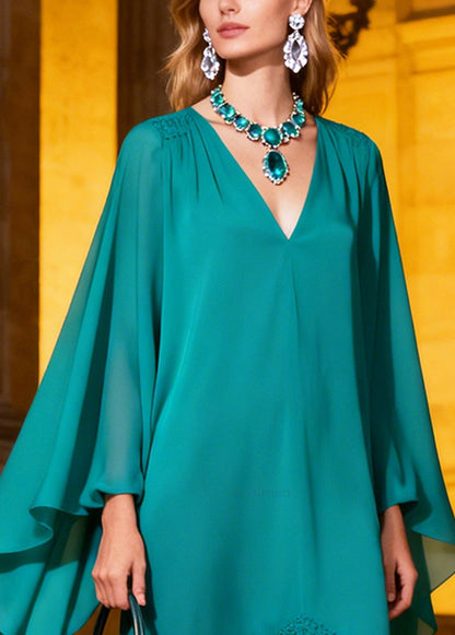 Beautiful Green Ruffled Low High Design Chiffon Maxi Dresses Flare Sleeve