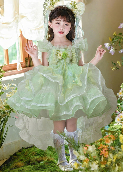 Beautiful Green Square Collar Floral Tulle Girls Maxi Dress Summer