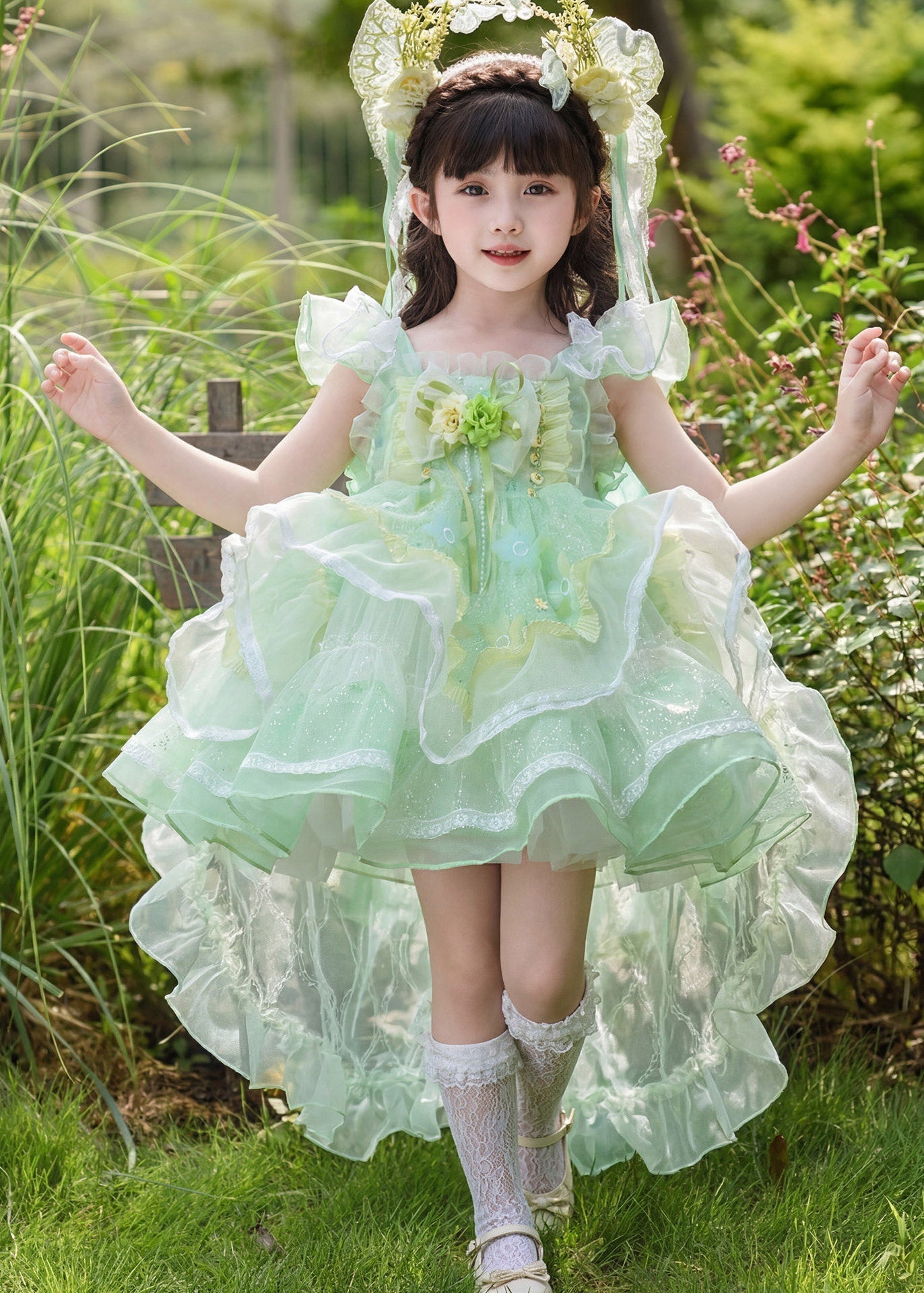 Beautiful Green Square Collar Floral Tulle Girls Maxi Dress Summer