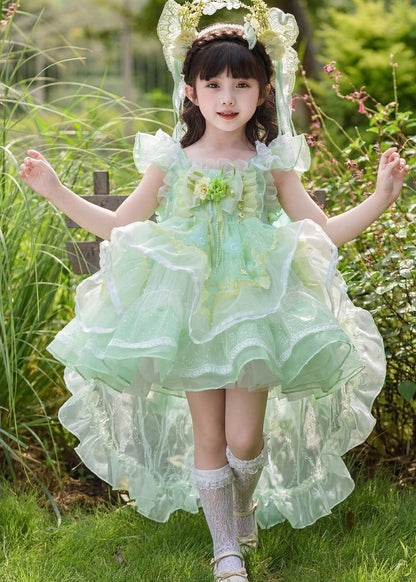 Beautiful Green Square Collar Floral Tulle Girls Maxi Dress Summer